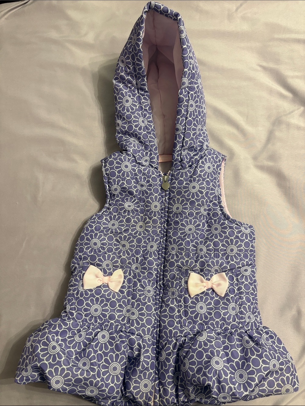 Girls Purple Floral Puffer Jacket Vest with Pink Lining